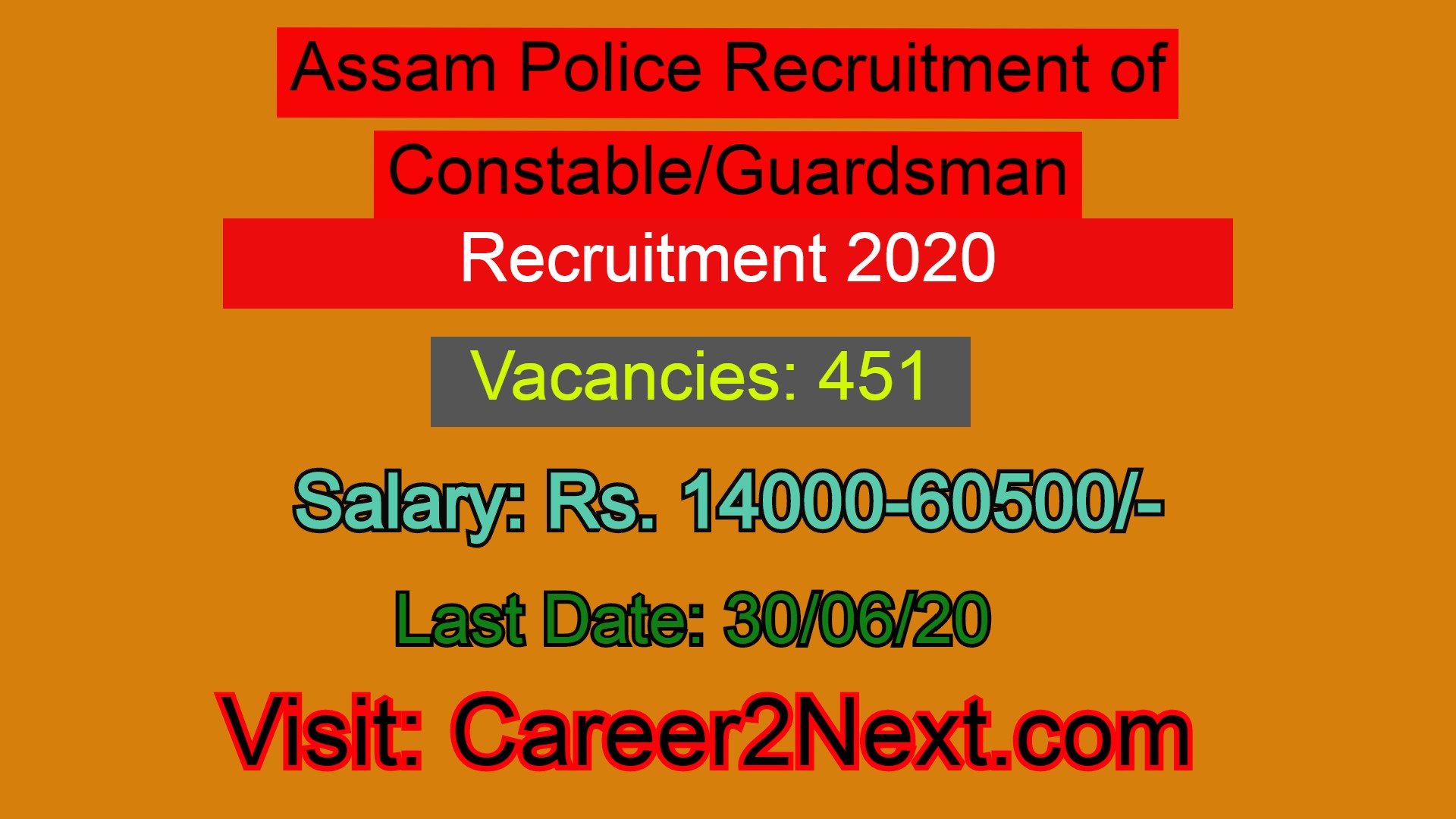Assam Police Recruitment of Constable/Guardsman (Total post-451) Last date-30/06/20