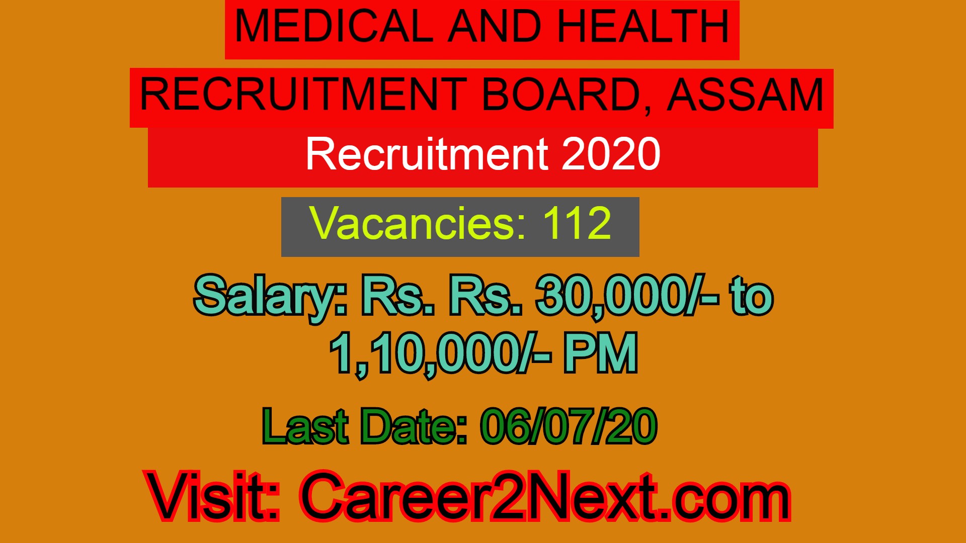 MEDICAL AND HEALTH RECRUITMENT BOARD, ASSAM- Apply for 112 Medical Officer (Critical Care) post-Last Date:06/07/20