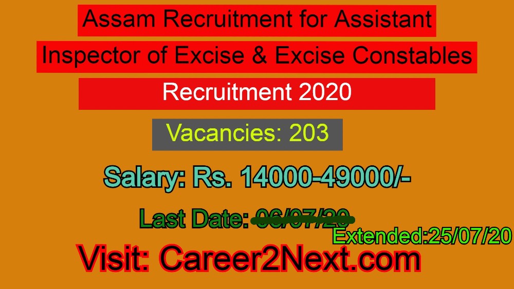 Assam Recruitment 2020 for Assistant Inspector of Excise & Excise Constables (Total post- 203 ) Last Date-25/07/20